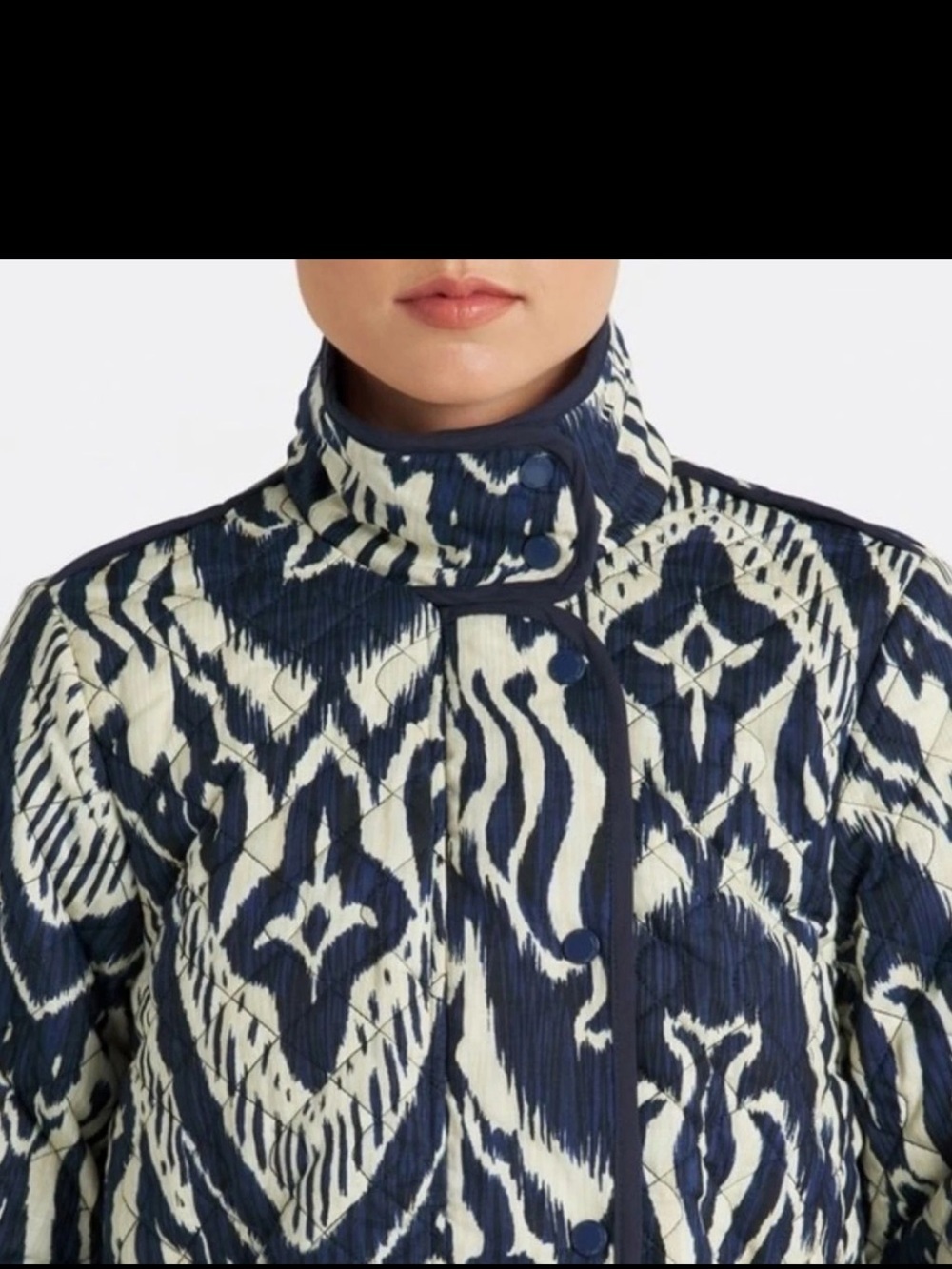 bagatelle Ikat quilted Navy and Ivory Patterned Utility Jacket Sz S